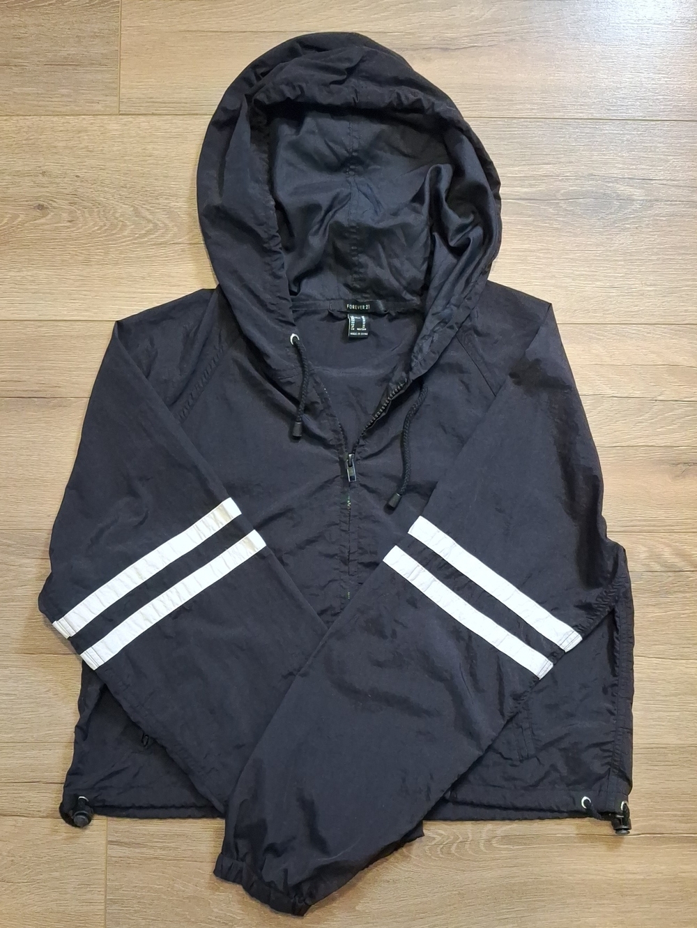 Forever 21 Black Hooded Windbreaker with White Sleeve Stripes